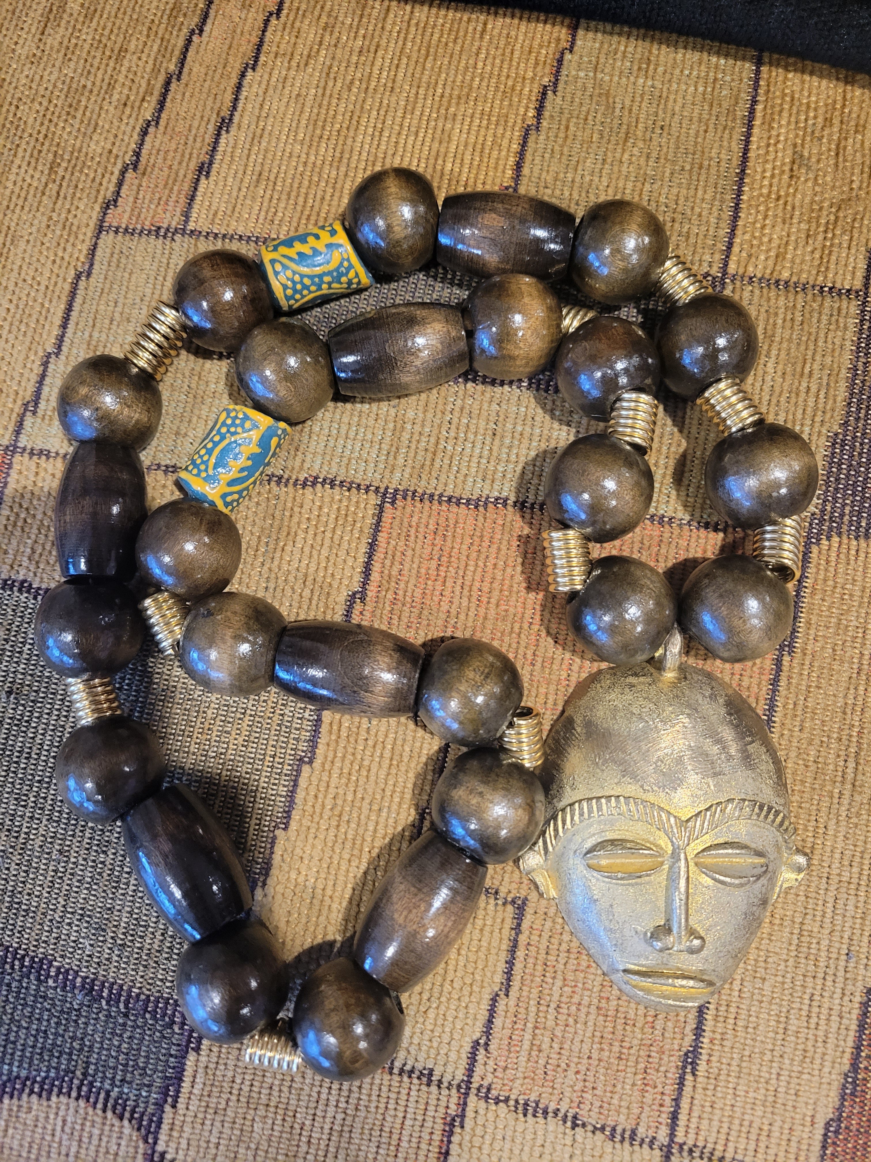 Brass and Wood African Chunky Tribal Mass Necklace